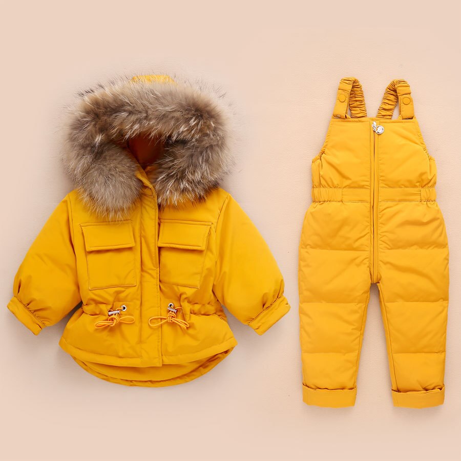 2Pcs Children Clothes Sets Baby Girls Boys Winter Fur Hooded Jacket+Romper Overalls Suit for Baby Thicken Ski Snow Warm Clothing: Yellow / 9M