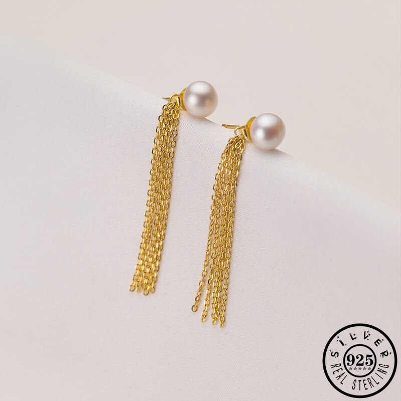 925 Sterling Silver 7mm Round White Natural Freshwater Pearl Earings Gold Color Plated Tassel Party Earrings Jackets for Women