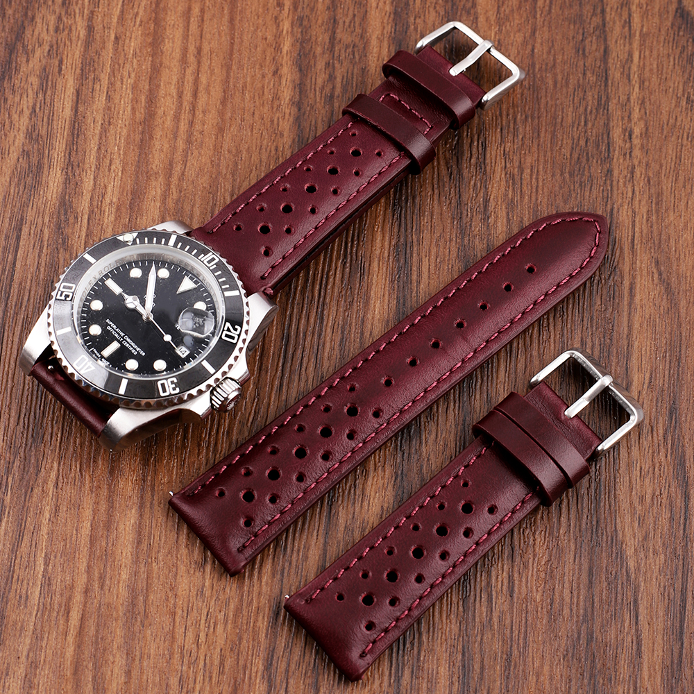 20mm Handmade Watch Strap Breathable Watchbands for Women Men Watch Band Bracelet Replacement Belt Wine Red