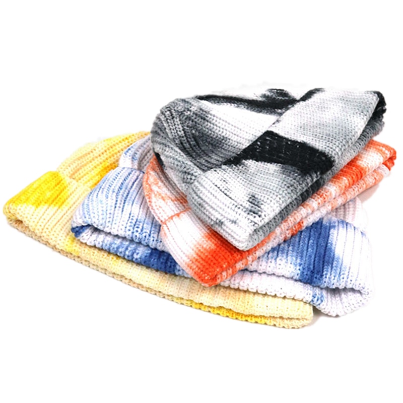 Unisex Autumn Winter Tie-Dye Ribbed Knitted Hat Soft Cuffed Short Melon Cap Men Women Sailor Style Beanie Hat