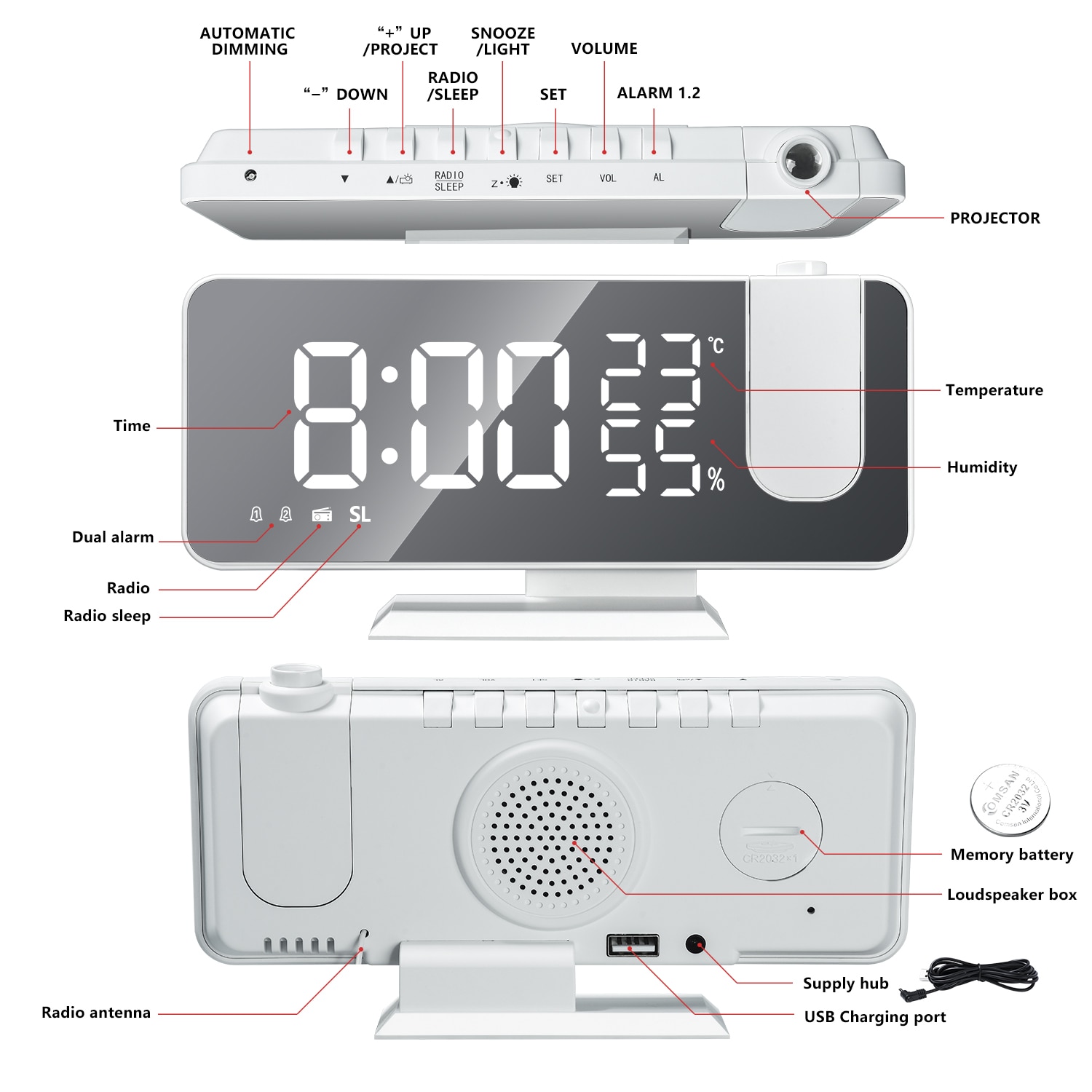 LED Digital Alarm Clock Watch Table Electronic Desktop Clocks USB Wake Up FM Radio Time Projector Snooze Function 2 Alarm 2#