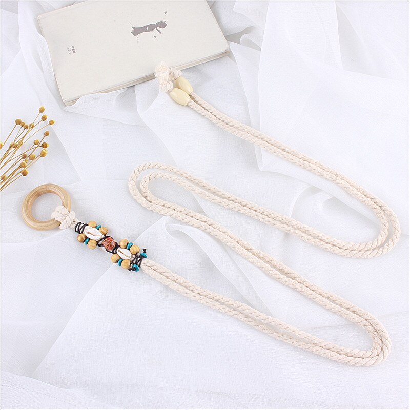 Lovely girl woven braided knitted cotton hemp rope belts for women circular ring buckle thin belt knot waist chain straps