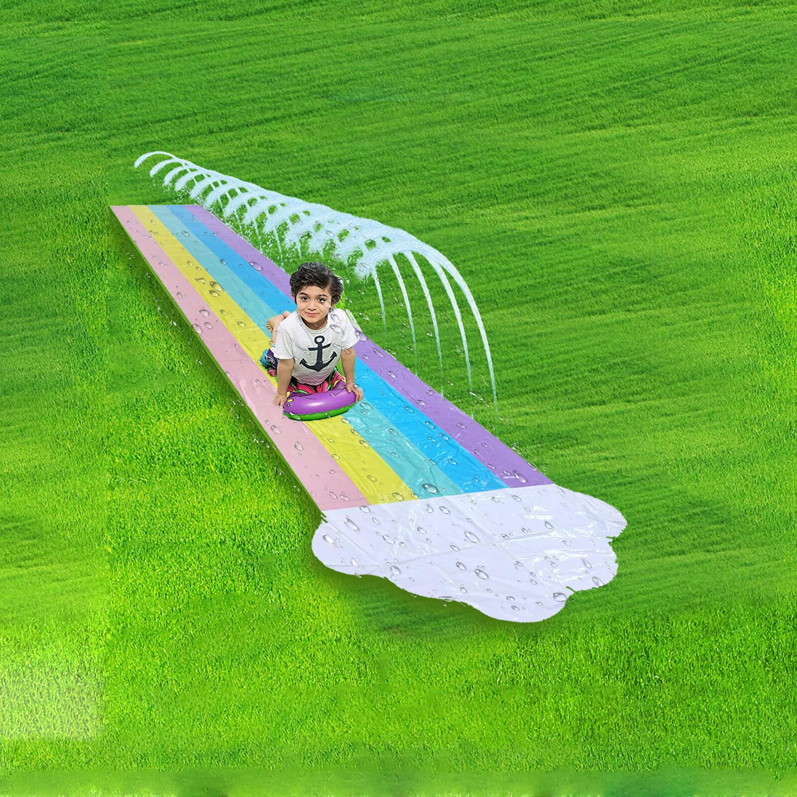 Tobogán de agua de PVC para exteriores, juguete de chico con espray de agua para césped, para niños