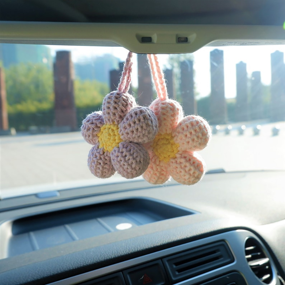 Accesorios colgantes para espejo de coche con flor de gofre Kawaii, accesorios para espejo retrovisor de coche con flores de ganchillo, colgante para espejo de coche D