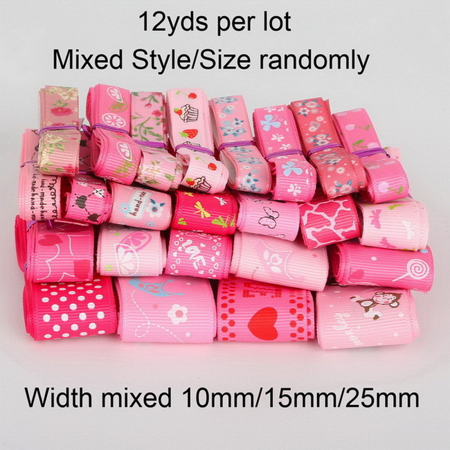 12y/lot (1y/stijl) willekeurige Gemengde Grootte/Stijl Grosgrain Satijnen Lint Voor Wedding Christmas Party Decor DIY Ambachtelijke Materialen: Random Mixed Pink