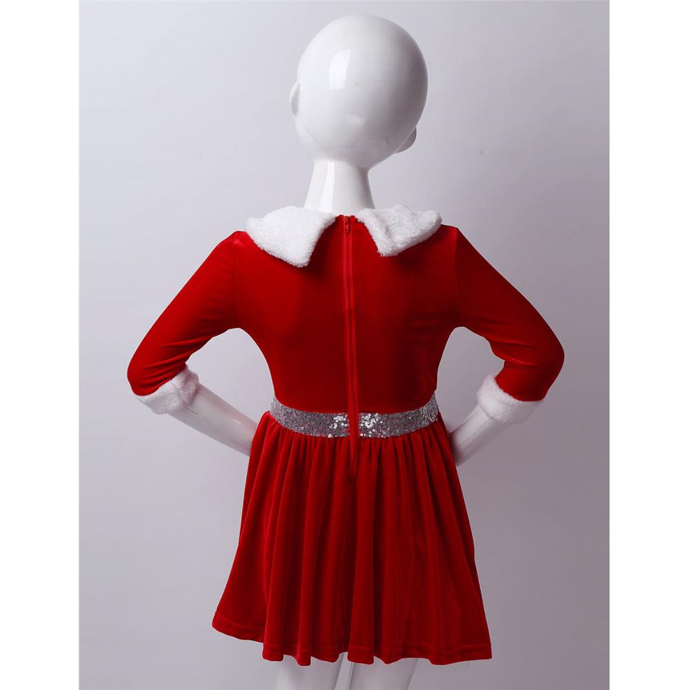 Kids Girls Christmas Dance Costume Dancewear Long Sleeve Faux Fur Trimming Velvet Baton Twirling Dress Figure Ice Skating Dress