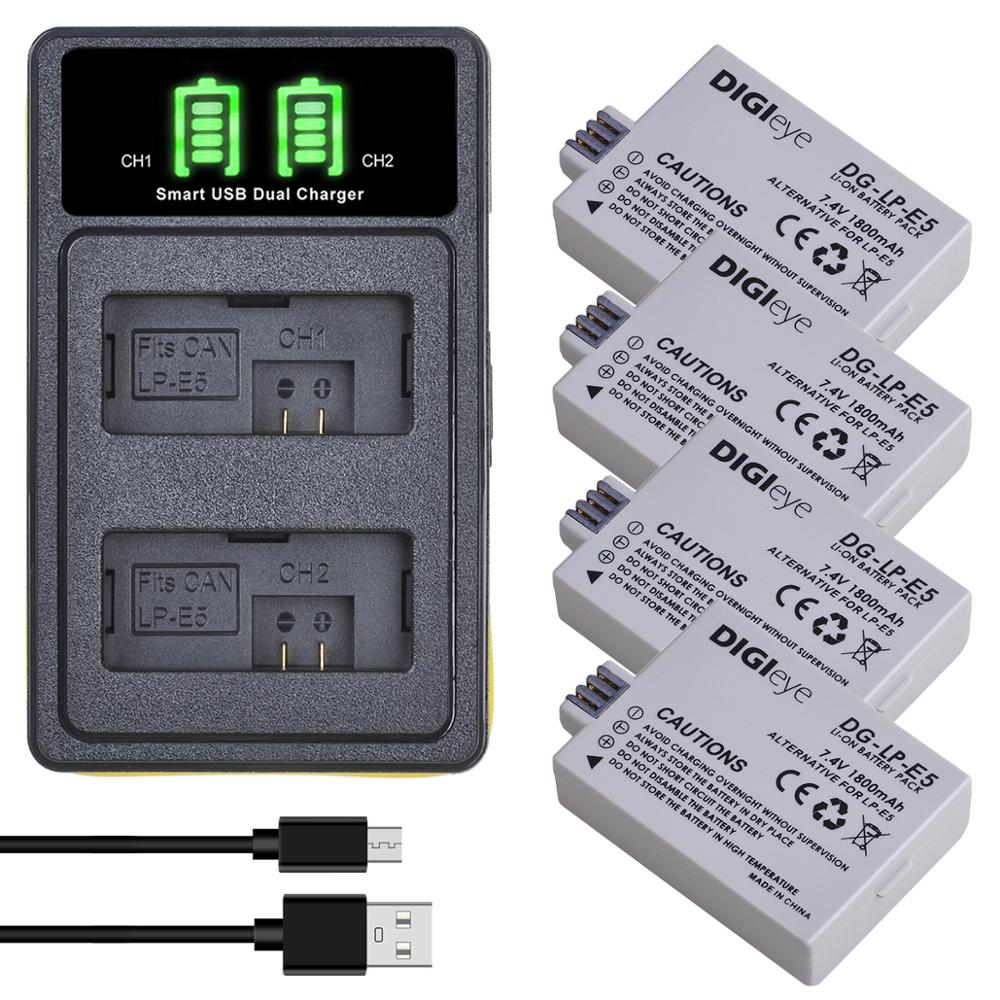LP-E5 LPE5 Battery&amp;LED Dual Charger for Canon EOS Rebel XS, Rebel T1i, Rebel XSi, 1000D, 500D, 450D, Kiss X3, X2, F: 4 battery 1 charger