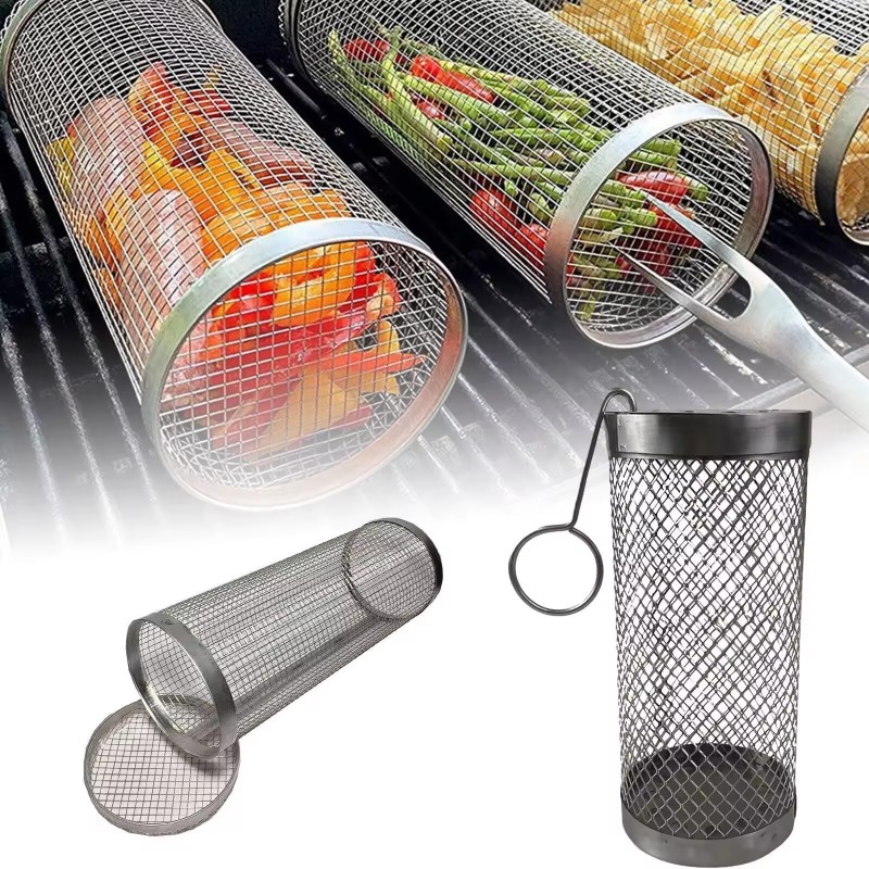 Rollender Grill korb Edelstahl Grill zylinder tragbare Outdoor-Grillz Stand Camping zubehör Kebab Küchen bedarf