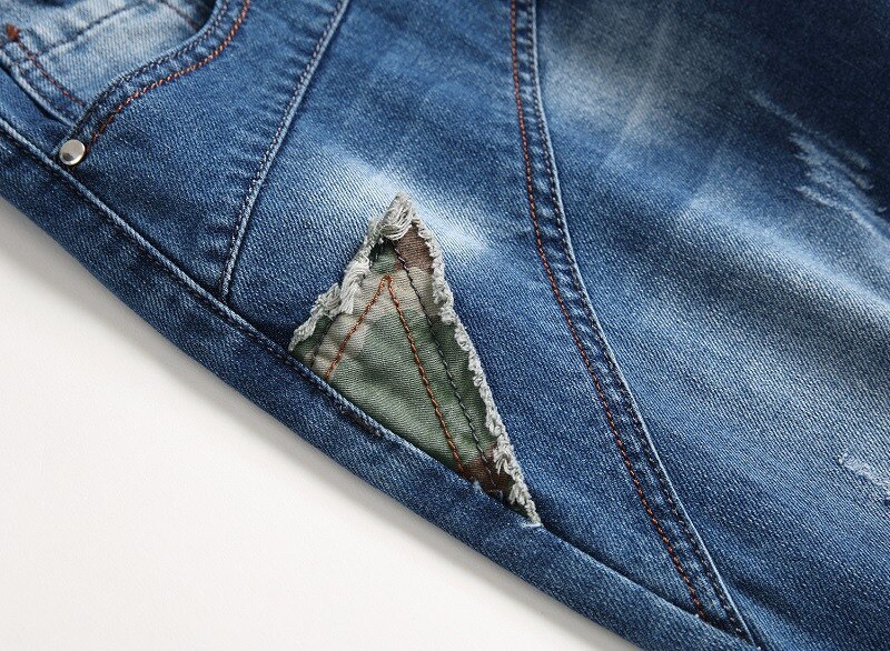 Kimsere herre revet jeansbukser med skrog lappet nedtrykt denim bukser kamuflasje lappeteppe pluss størrelse 29-42