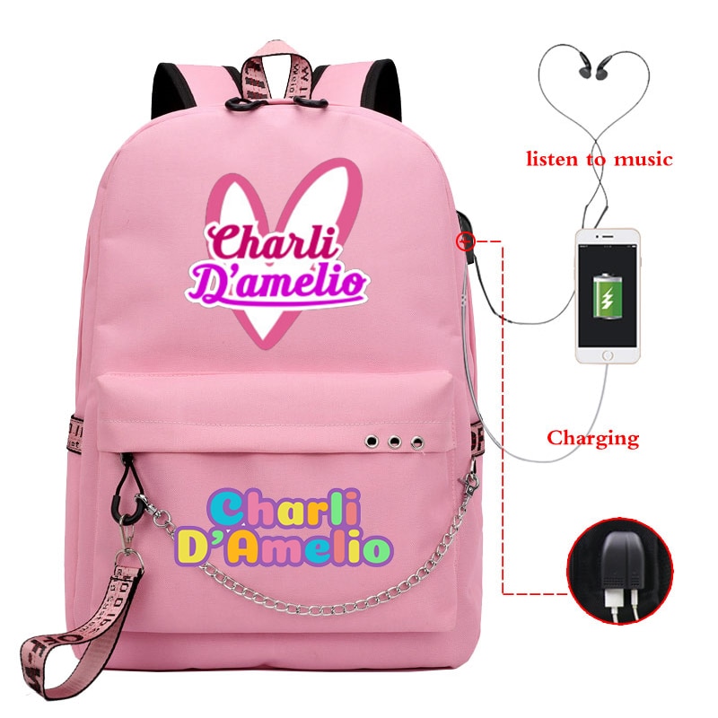 Mochila Feminina Women Backpack Charli School Bags Usb Charge Laptop Back Pack Men Charli Damelio Bags for Teenage Girls Travel: 810-527-Charli-B 8