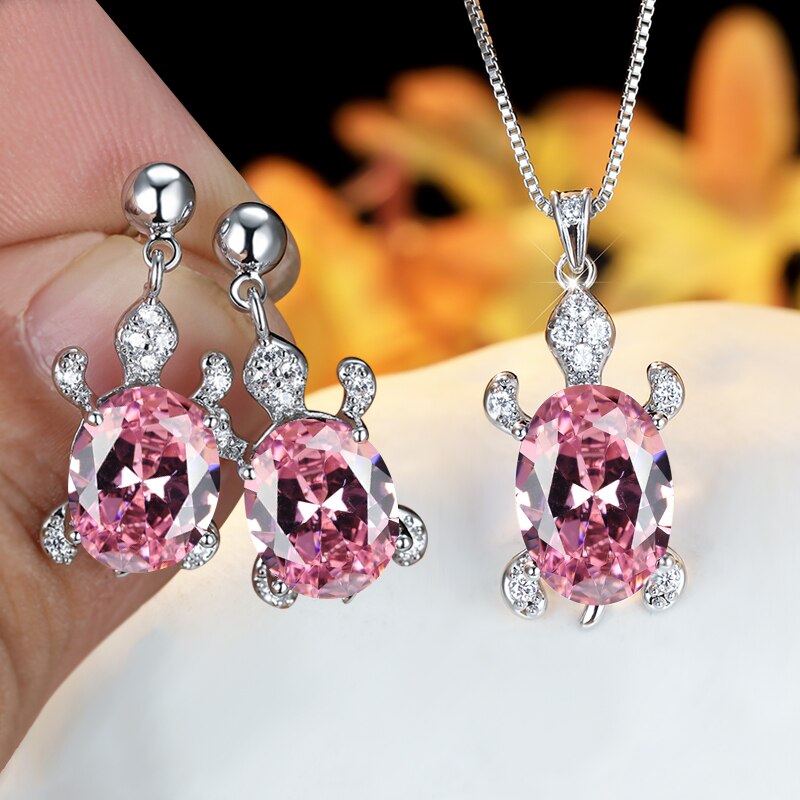 Regenboog Opaal Grote Ovale Steen Zee Schildpad Sieraden Sets Multicolor Crystal Tortoise Kettingen Oorbellen Voor Vrouwen Wedding Bridal Sets: Pink