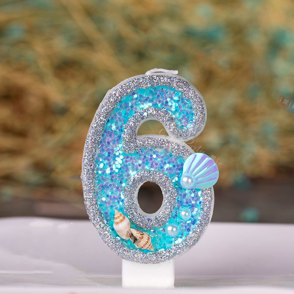 Decoraciones azules para pastel de cumpleaños de bebés y niños, vela de concha de océano brillante para Baby Shower, recuerdo para niños de 0 a 9 velas, suministros para hornear: 6