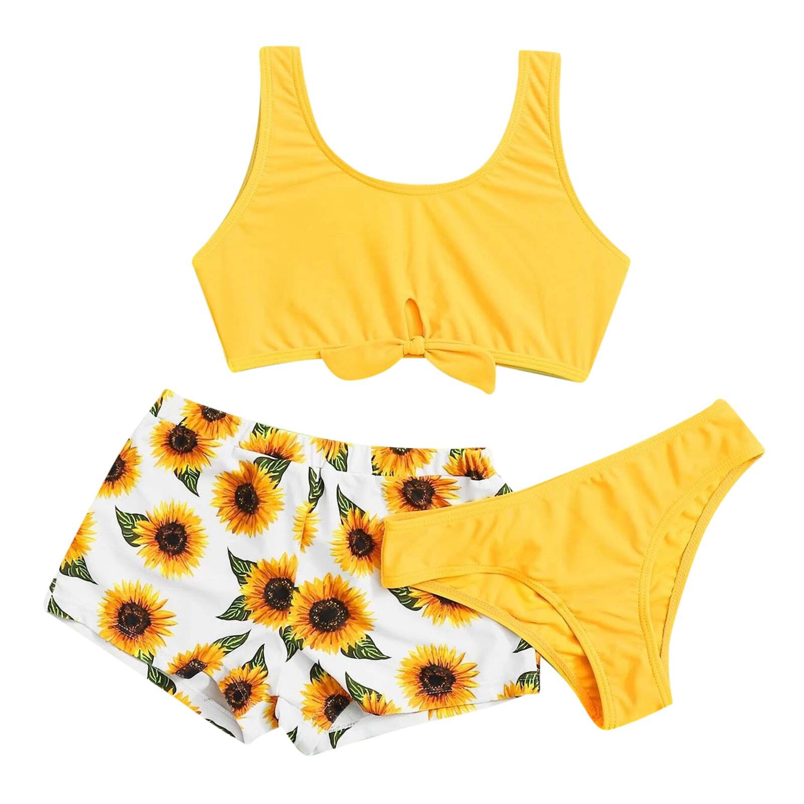 Sunflower Print Kids Swimwear For Girls Summer Cute Crisscross Sunflower Floral Print Three-piece Swimsuit Girls Bathing Suit: 10 Years