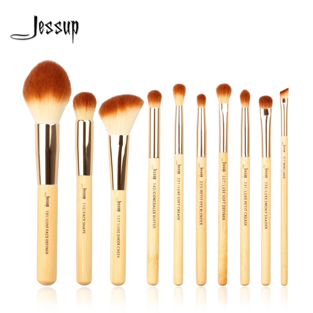 Jessup kwasten 10 stuks bamboe make-up kwasten kwastenset beauty make-up tool kit foundation poeder definieerder shader liner