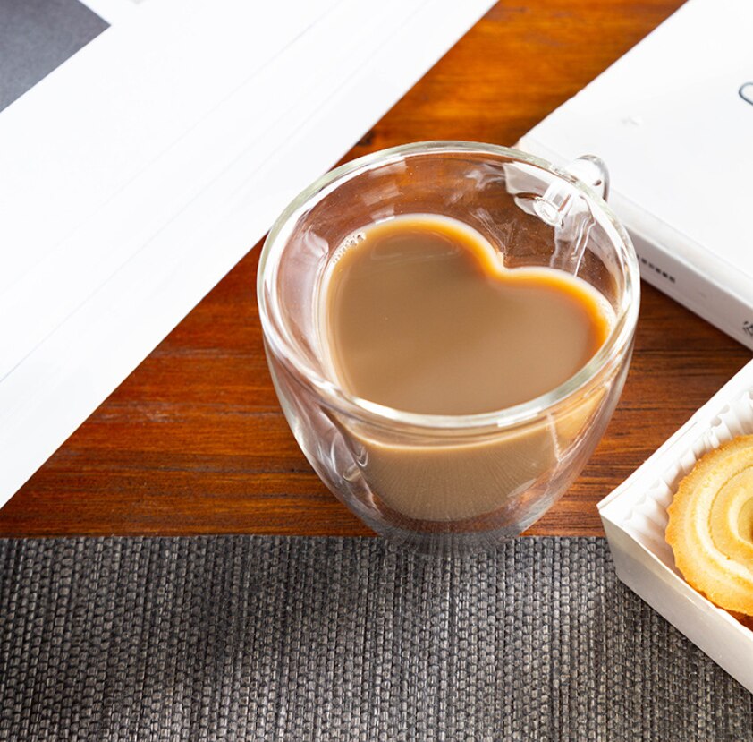 Dubbelwandige Glazen Cup Hart Vorm Glas Geïsoleerde Kopje Espresso Koffie Beker Mok Koffie Theekopje Latte Cup Transparante Glazen Beker
