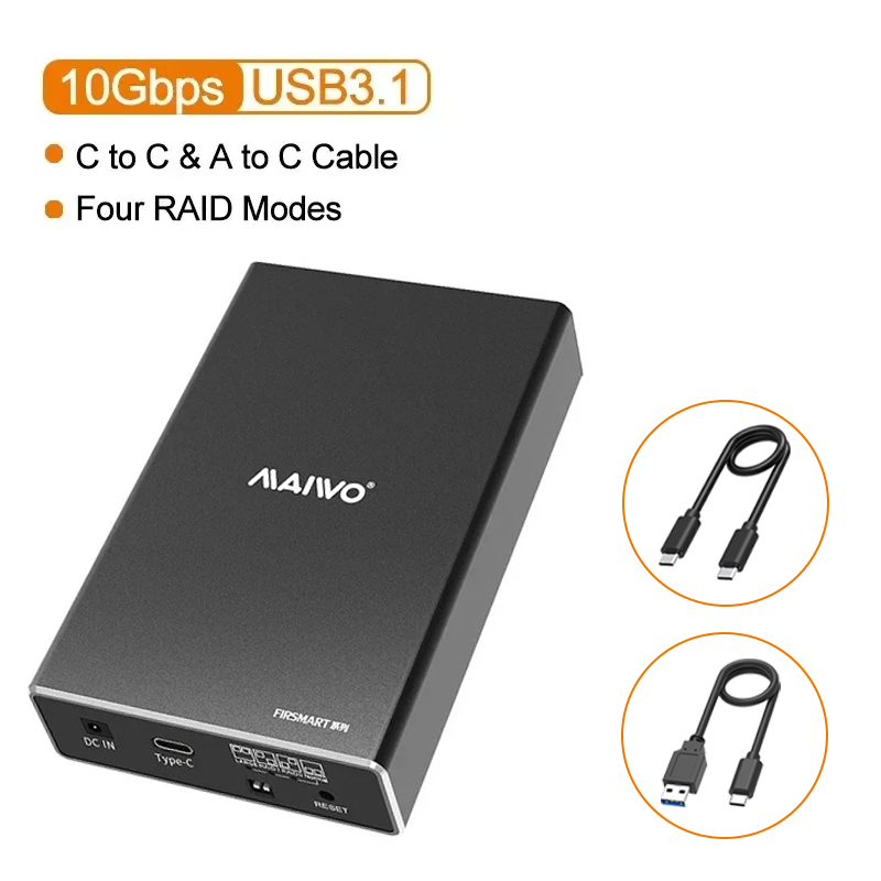 MAIWO HDD Case 2.5 Inch Dual Bay External Hard Drive Enclosure Case HD Array SATA TO USB Hard Disk Array With 4 RAID Function: Gold