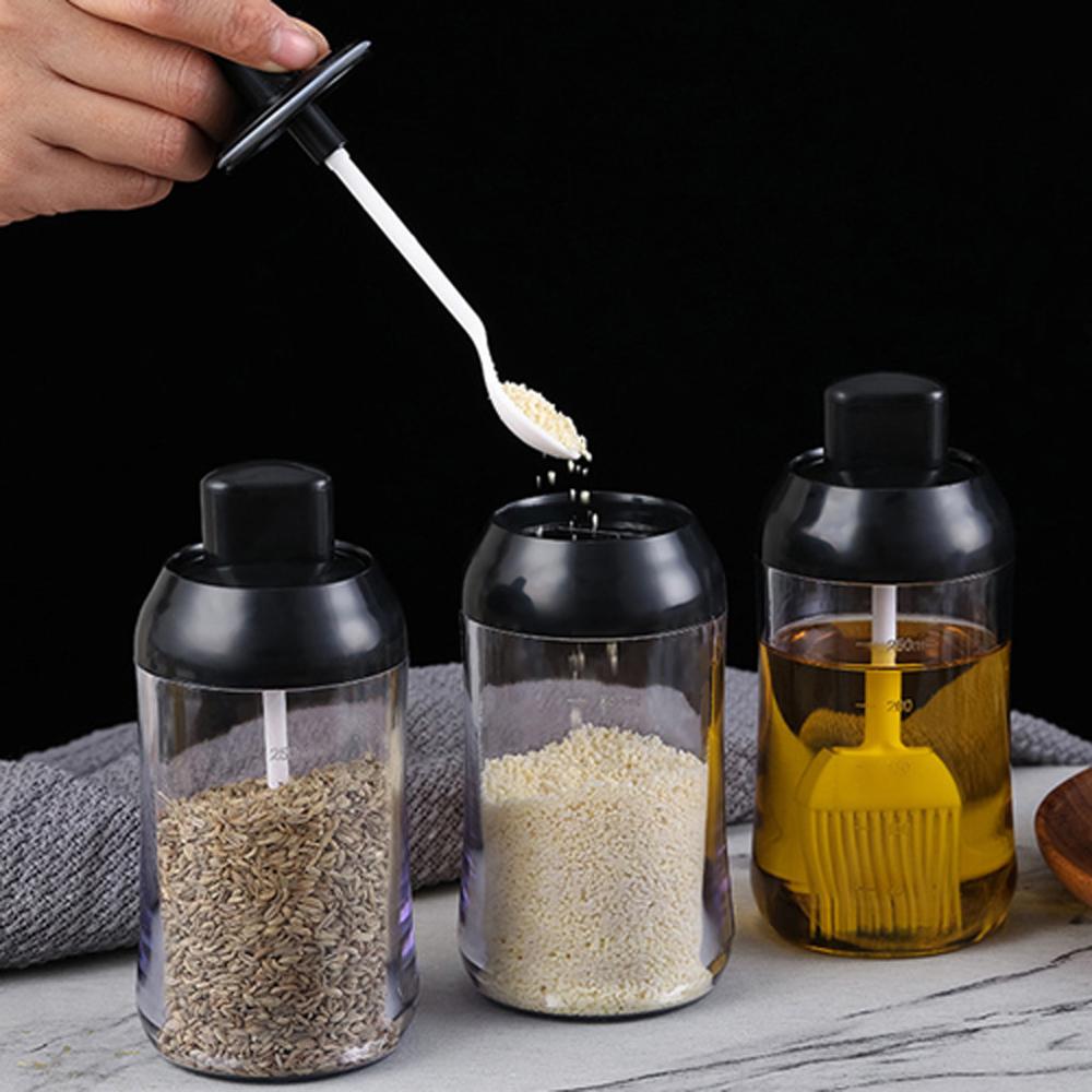 Spice jar oil bottle bee jar covered spoon integrated oil brush bottle Serving Spoon, Storage Canister, Clear Condiment Food @40