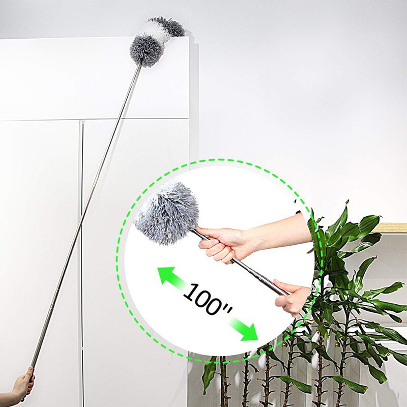 Mikrofiber teleskopdamm utdragbar 100 "böjbar huvudstång av rostfritt stål för hushållsrengöring infällbar mjuk borste