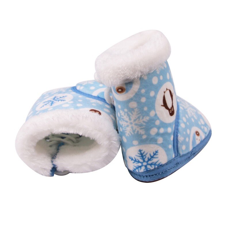 Botas de invierno para bebé, botas para niña recién nacida, suaves y cálidos zapatos de algodón con lazo lateral para bebé con estampado de pingüinos y copos de nieve