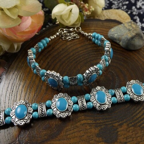 Tibetan Silver color Bohemia Bracelet Bead Stone Adjust Size Bangle Jewelry Blue/Red/Black A207G: blue