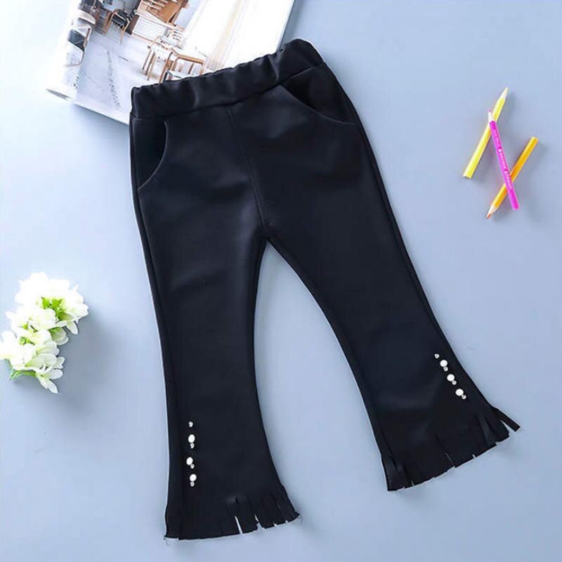 Spring Children Boot Cut Pants Autumn Girls Princess Soft Leggings Flare Pants Kids Pearl Tassel Trousers C02: black / 24M