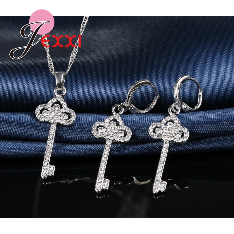 Estilo elegante zircônia cúbica chave pingente colar gota piercing brincos conjuntos de jóias casamento romântico noiva bijoux