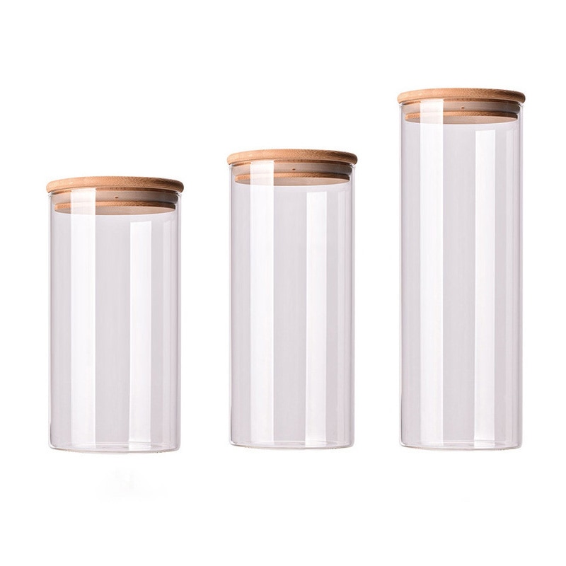 Kitchen food container bamboo lid sealed cans food tea cans transparent storage jars kitchen whole grains beans storage bottles