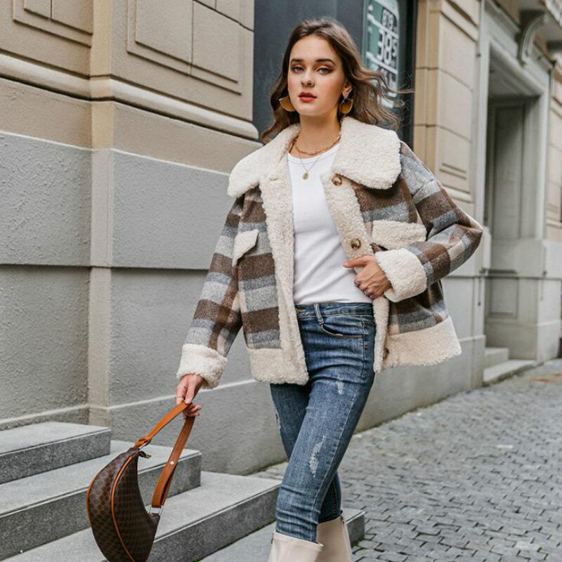 Chaqueta Vintage a cuadros para mujer, abrigo de lana de oveja grueso, cálido, informal, Polar holgado, abrigos con bolsillo, primavera y otoño,