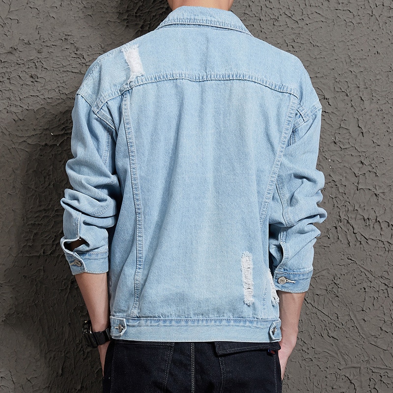 Autumn Solid Casual Slim Mens Denim Jacket Bomber Jacket Men Tearing Hole Cowboy Men's Jean Jacket Chaqueta Hombre