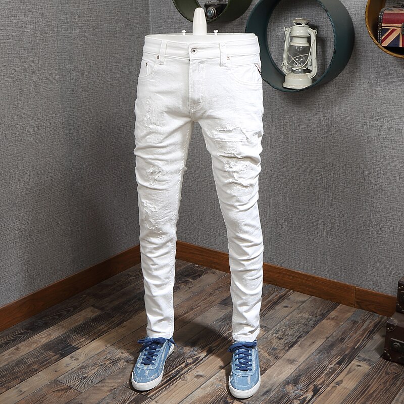 Streetwear herre jeans hvid farve slim fit elastisk rippet jeans mænd casual denim bukser hip hop jeans homme: 30