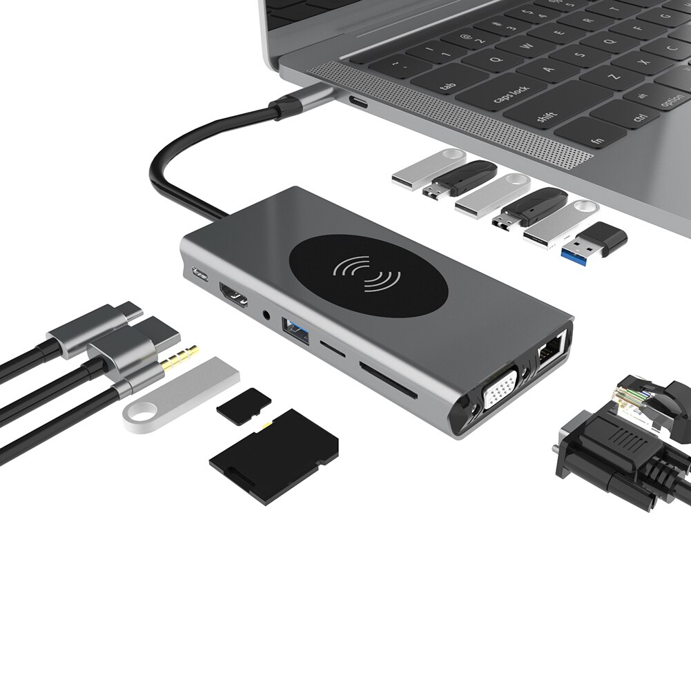 15 w 1 USB typu C Centrum na USB HDMI VGA PD TF 3.5mm RJ45 bezprzewodowa ładowarka robić telefonu MacBook zawodowiec Huawei kumpel 30 USB-C rozdzielacz