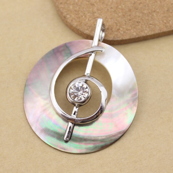 LOULEUR 1PC Crystal Music Symbol Shape Natural Round Locket Mother of Pearl Shell Pendant Beads for DIY Jewelry Making Findings