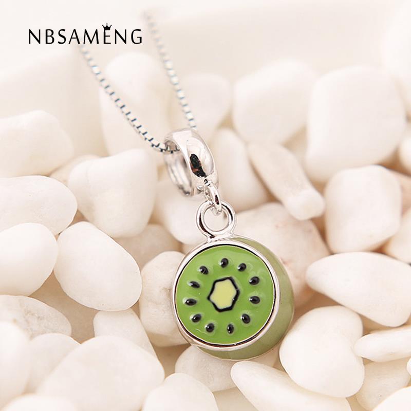 Authentieke 100% 925 Sterling Zilver Kraal Mini Groene Kiwi Fruit Dangle Kralen Fit Armband & Armband Diy Vrouwen Sieraden