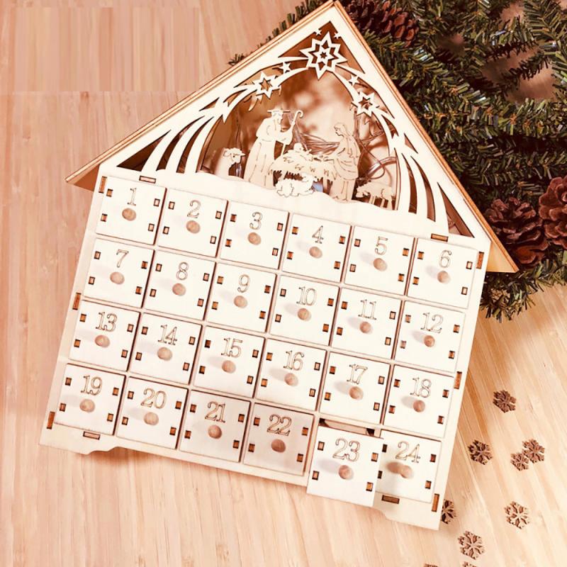 Træ adventskalender nedtællingslys jul 24 udtræksskuffer led lys julepynt adventskalender: Jesus kommer