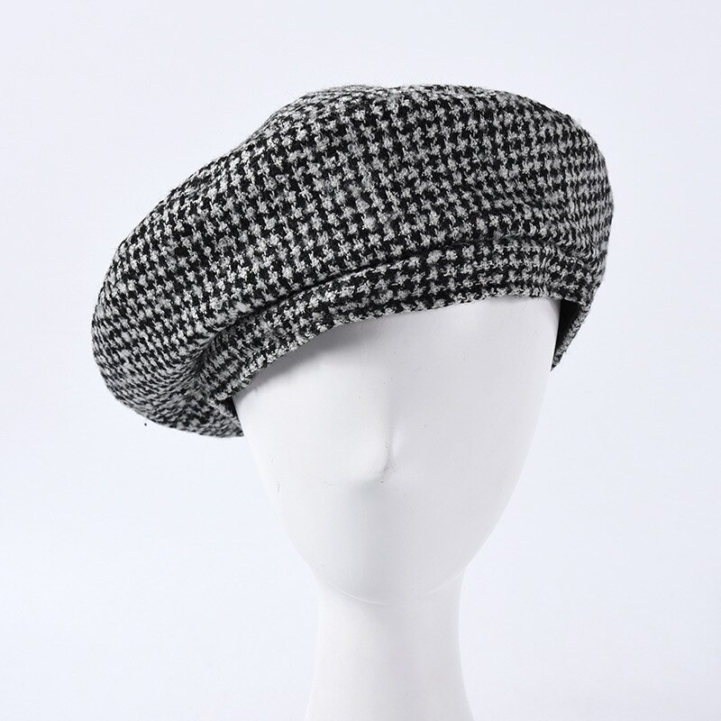 Dames Houndstooth Tweed Baretten Parijs Hoeden Mode Vrouwen Herfst Winter Gebreide Caps Zwarte Platte Hoed