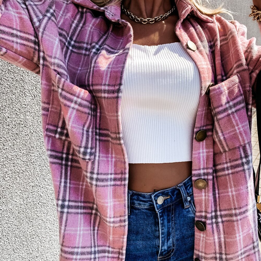 Dames stijlvolle omslagkraag zakken jas geruite knopen lang overhemd jas