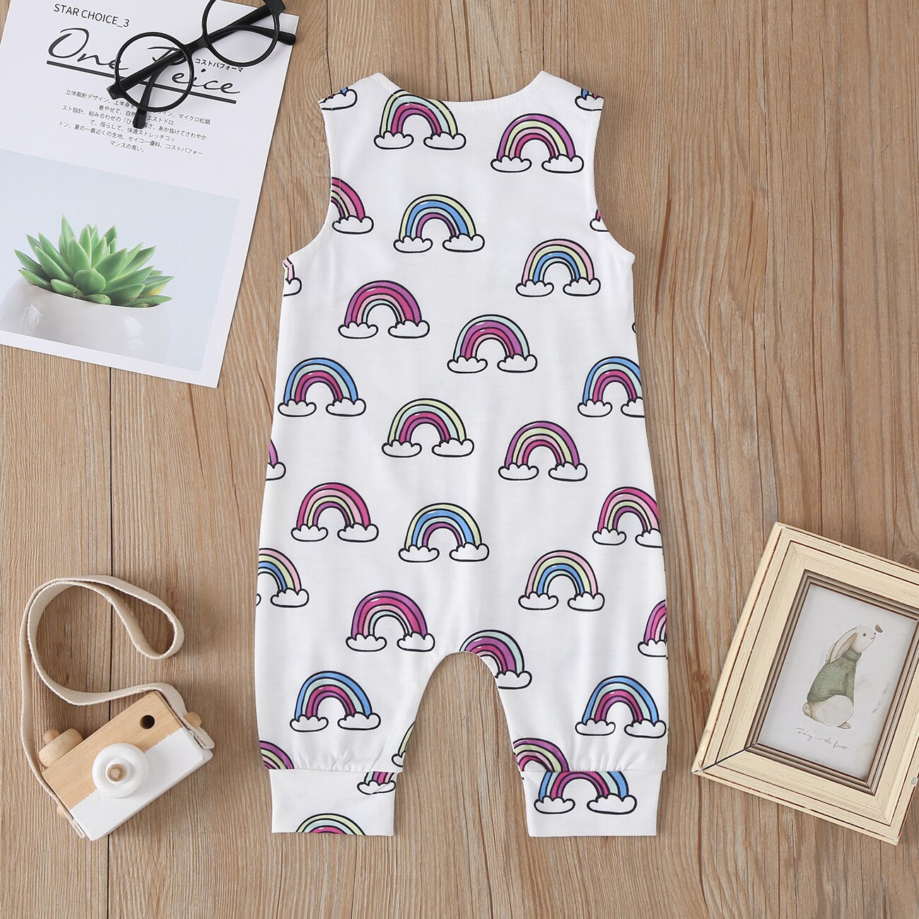 Combinaison unisexe sans manches pour bébé, motif dessin animé mignon, imprimé arc-en-ciel coloré, combinaison décontractée d'été pour bébés filles et garçons