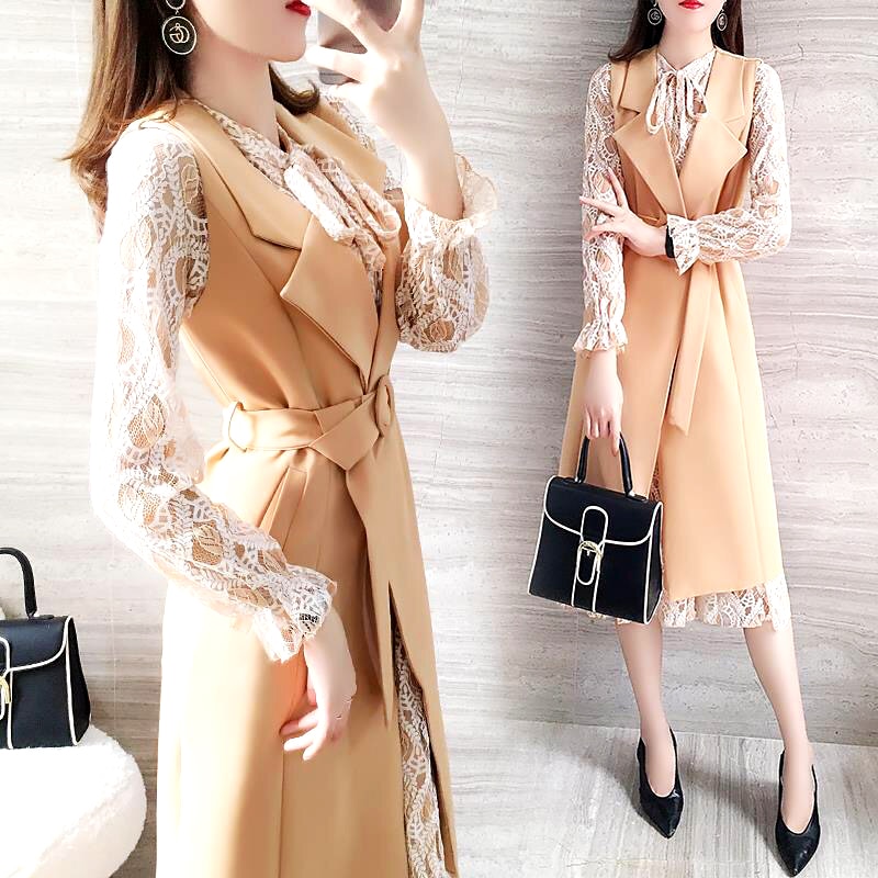 Spring Two Piece Set Women Clothes Full Sleeve Slim Lace Dress And Sleeveless Long Coat With Belt Vogue OL Style Suit