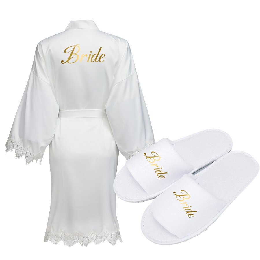 Batas de dama de honor de la novia, bata de seda satinada para boda, de , albornoz blanco: white with slipper / one size XL