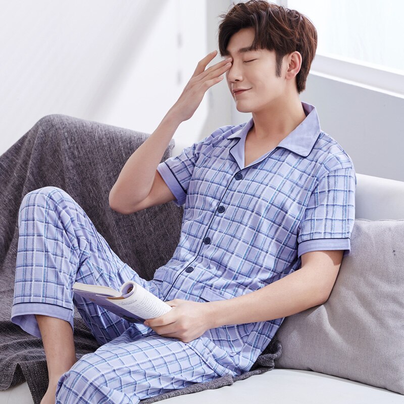 Hel bomulls pijamas för män 2 delar lounge nattkläder pyjamas rutig sommar sänglinne hem kläder man pjs big yards pyjamas set: Lm7815 / L