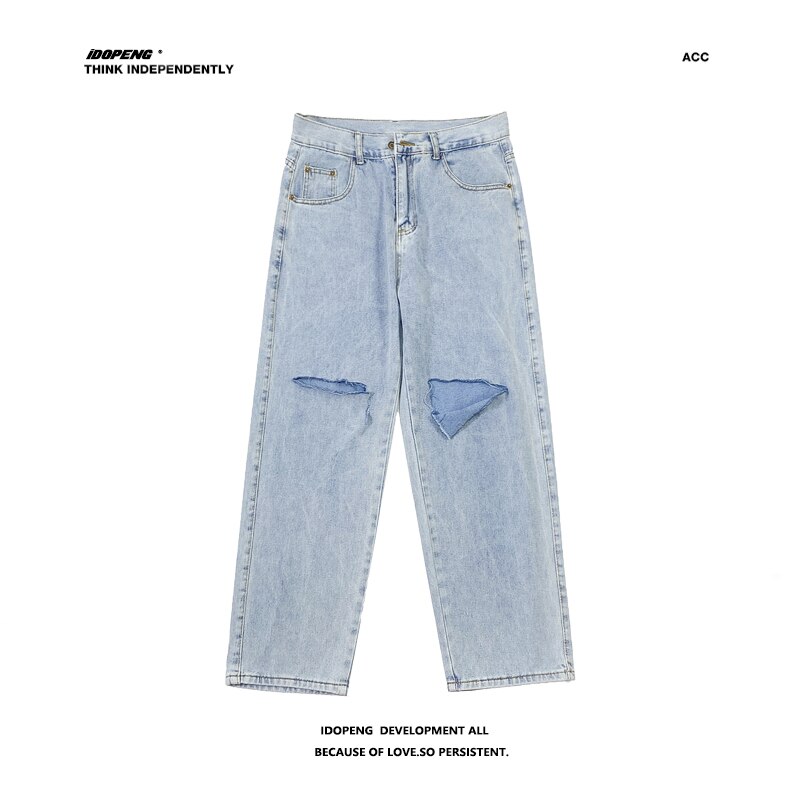 Lente Zomer Wide-Leg Jeans Mannen Mode Toevallige Gescheurde Jeans Mannen Streetwear Losse Hip-Hop Gat Straight denim Broek Heren: Blue / XXL