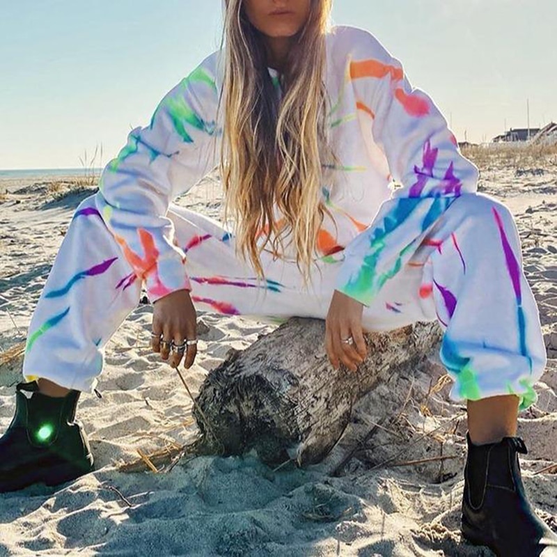 Women Tie Dye Tracksuit Two-piece Set Long Sleeve Top Elastic Waist Long Pants Women Running Sportswear