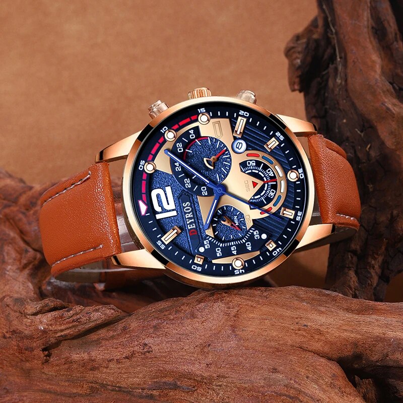 2 Stück einstellen Herren Kalender Uhren Luxus männlich Geschäft lässig braun Leder Quarzuhr Männer Armbinde Armbanduhr