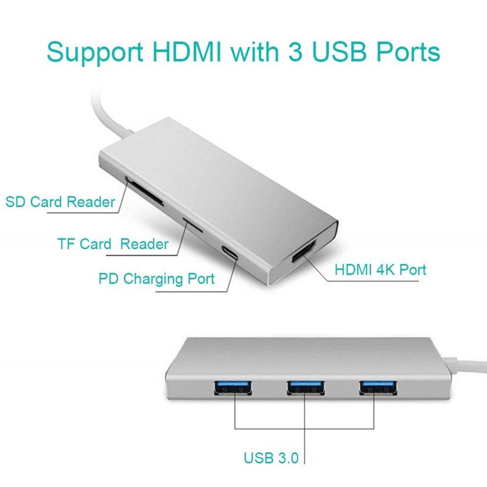 USB 3.1 Type-C Hub To HD Adapter 4K Thunderbolt 3 USB C Hub with Hub 3.0 TF SD Reader Slot PD for MacBook Pro/Air/Huawei Mate