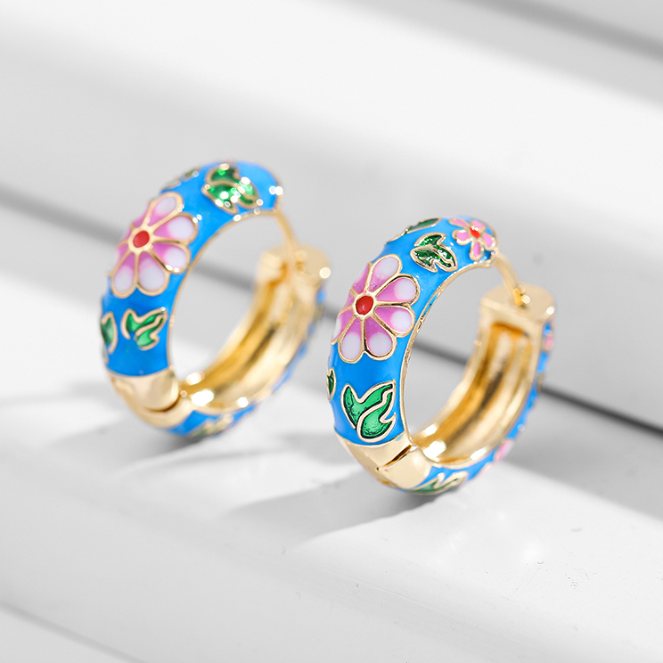 Orecchini a cerchio piccoli con fiori colorati Vintage ▾ Smalto in metallo Fiori e piante Cerchio Huggie cerchi Regalo di gioielli alla moda femminile: Placcato platino