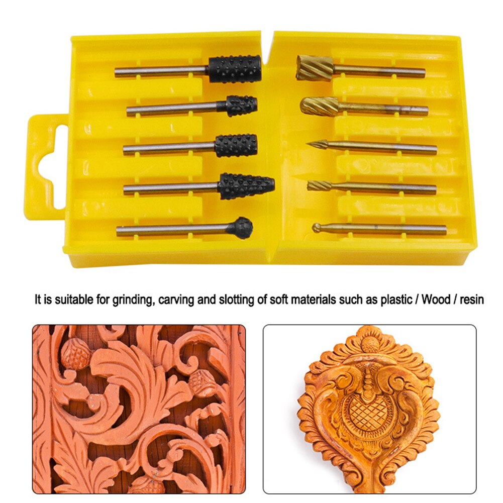 10pcs Set HSS Routing Milling Rotary File Cutter Plastic Resin Wood Carved Knife Cutter Tools Accessories with Storage Box