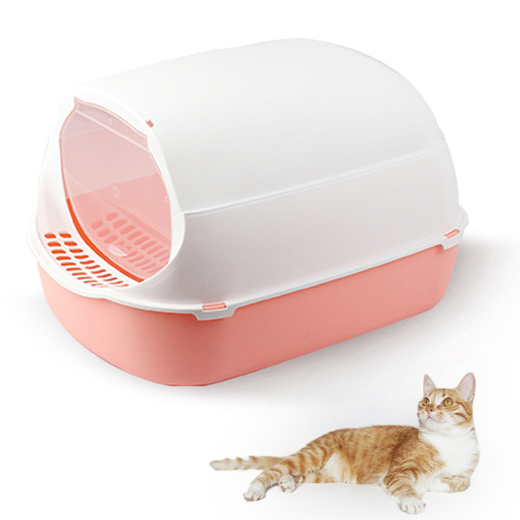 Toilettes Anti éclaboussures pour chat, 1 pièce, boîte à litière en plastique à capuche, parois hautes, pot, bac à litière pour animaux de compagnie, fournitures pour chats: Pink White 1