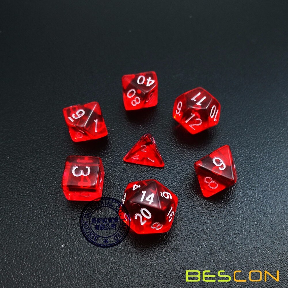 Bescon Mini Doorschijnende Polyhedral Rpg Dobbelstenen Set 10 Mm, kleine Rpg Rol Playing Game Dobbelstenen Set D4-D20 In Buis, Transparant Rood