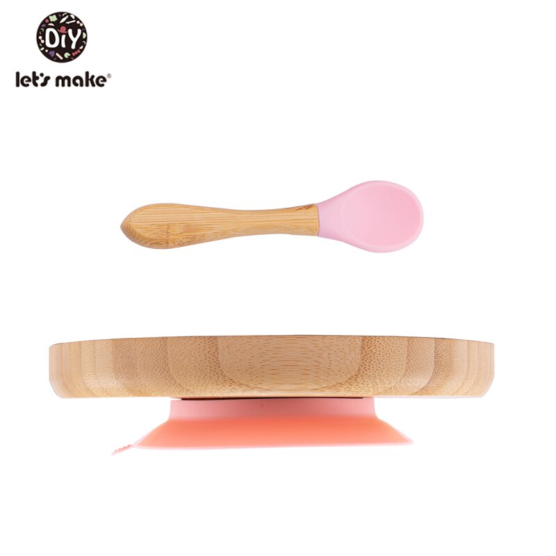 1set Baby Feeding Bamboo Bowl With Spill Proof Silicone Spoon Baby Dinner Plate Feeding Dinnerware Toddler Infant Tableware Set: pink