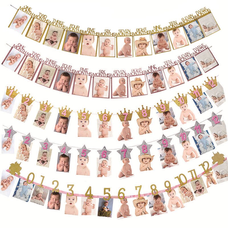 baby shower Kids Frist Birthday Banners 12 Months Photo Frame Bunting Garland Boy Girl 1st One Year Party Decoration Supplies